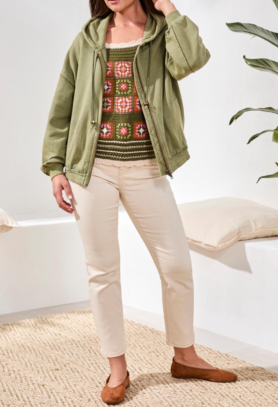 Tribal Puff Sleeve Zip Up Hoodie W/ Special Wash Effect, Rainforest