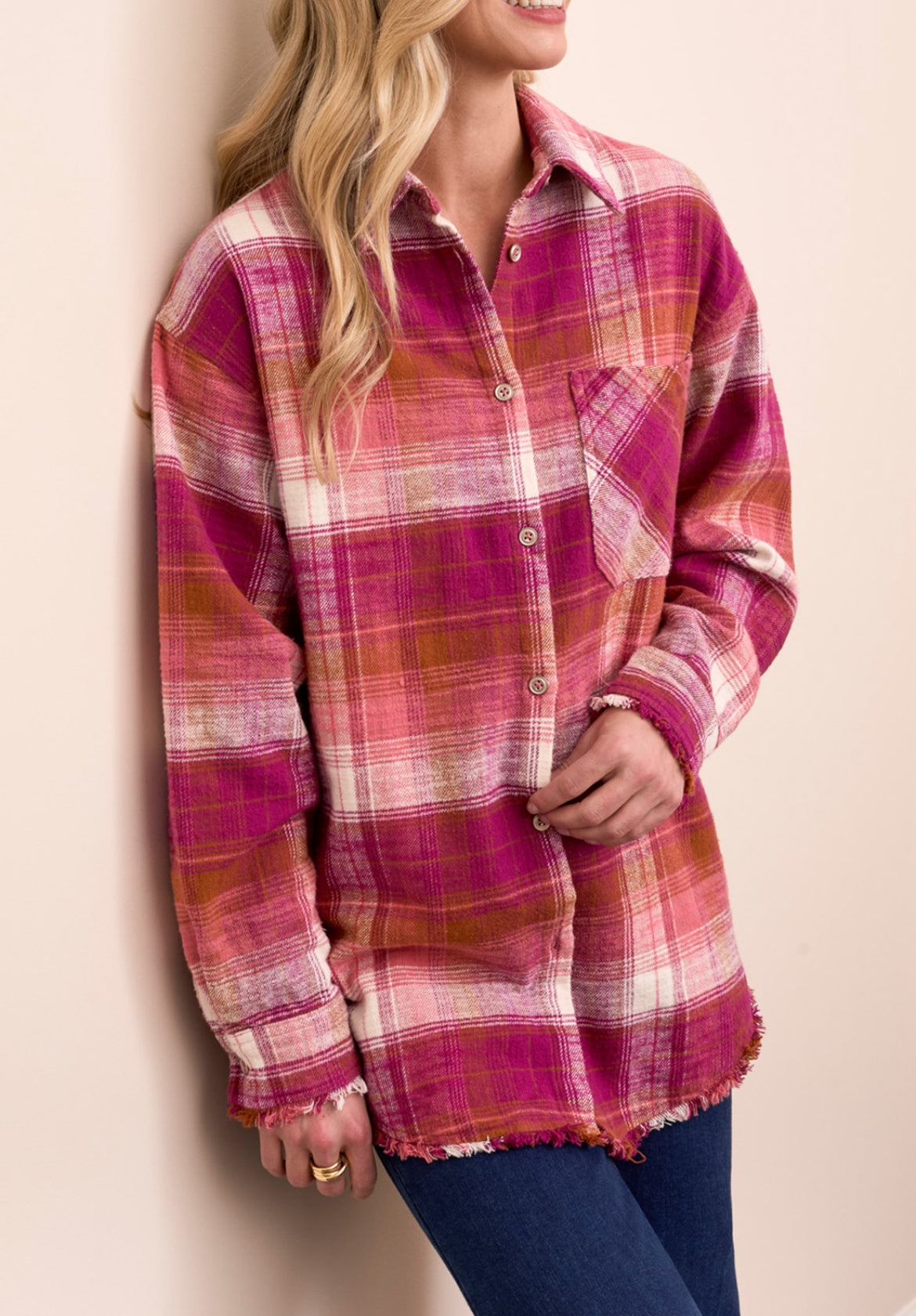 Tribal Plaid Shirt With Fringe Hem, Plumwine