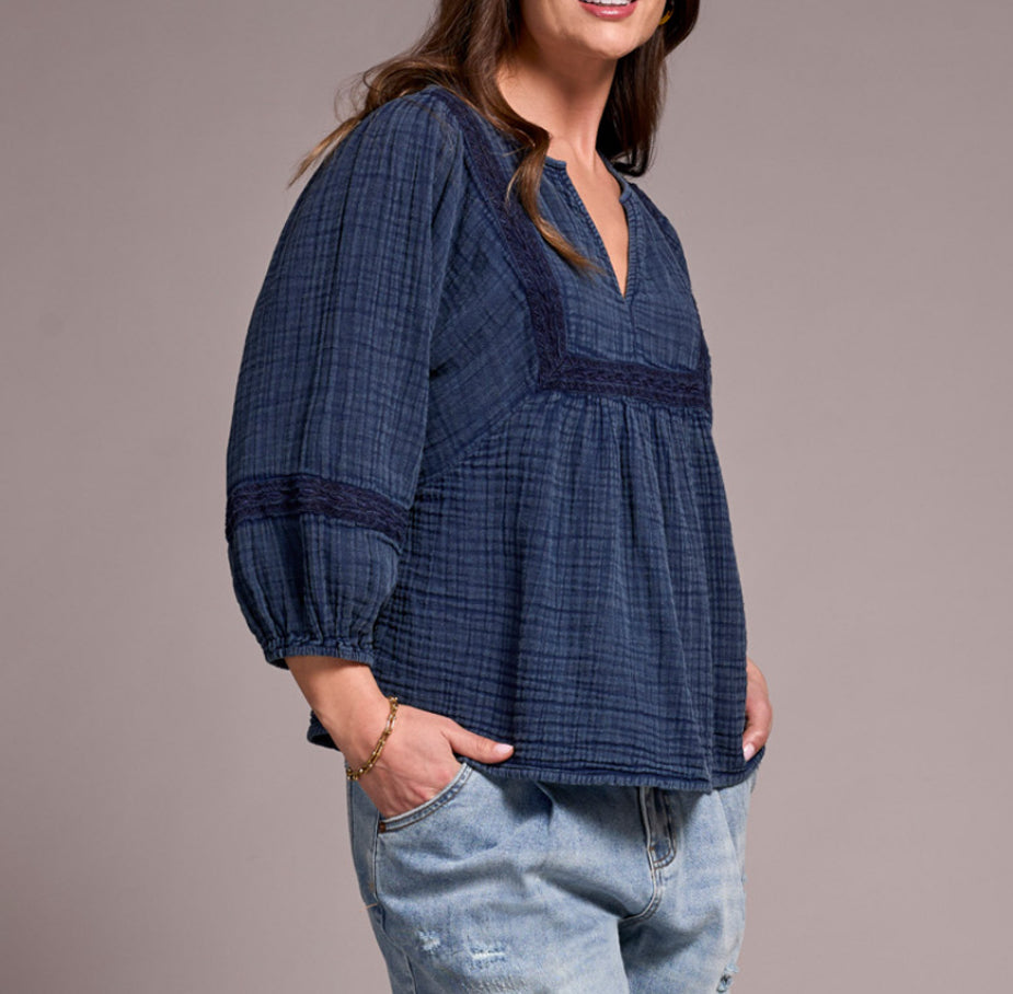 Tribal Cotton Gauze 3/4 Sleeve Empire Waist Blouse, Nightfall