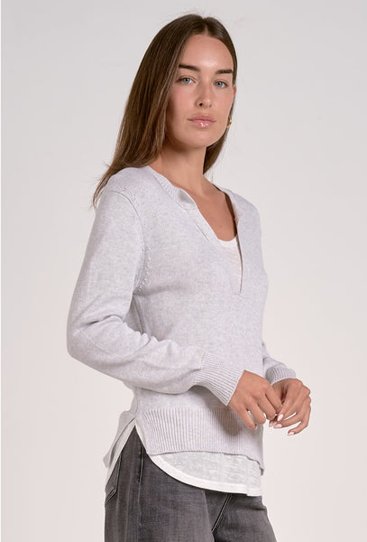 Elan Sweater V Neck Layered Top, Grey Warm/White