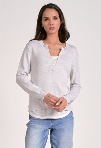 Elan Sweater V Neck Layered Top, Grey Warm/White