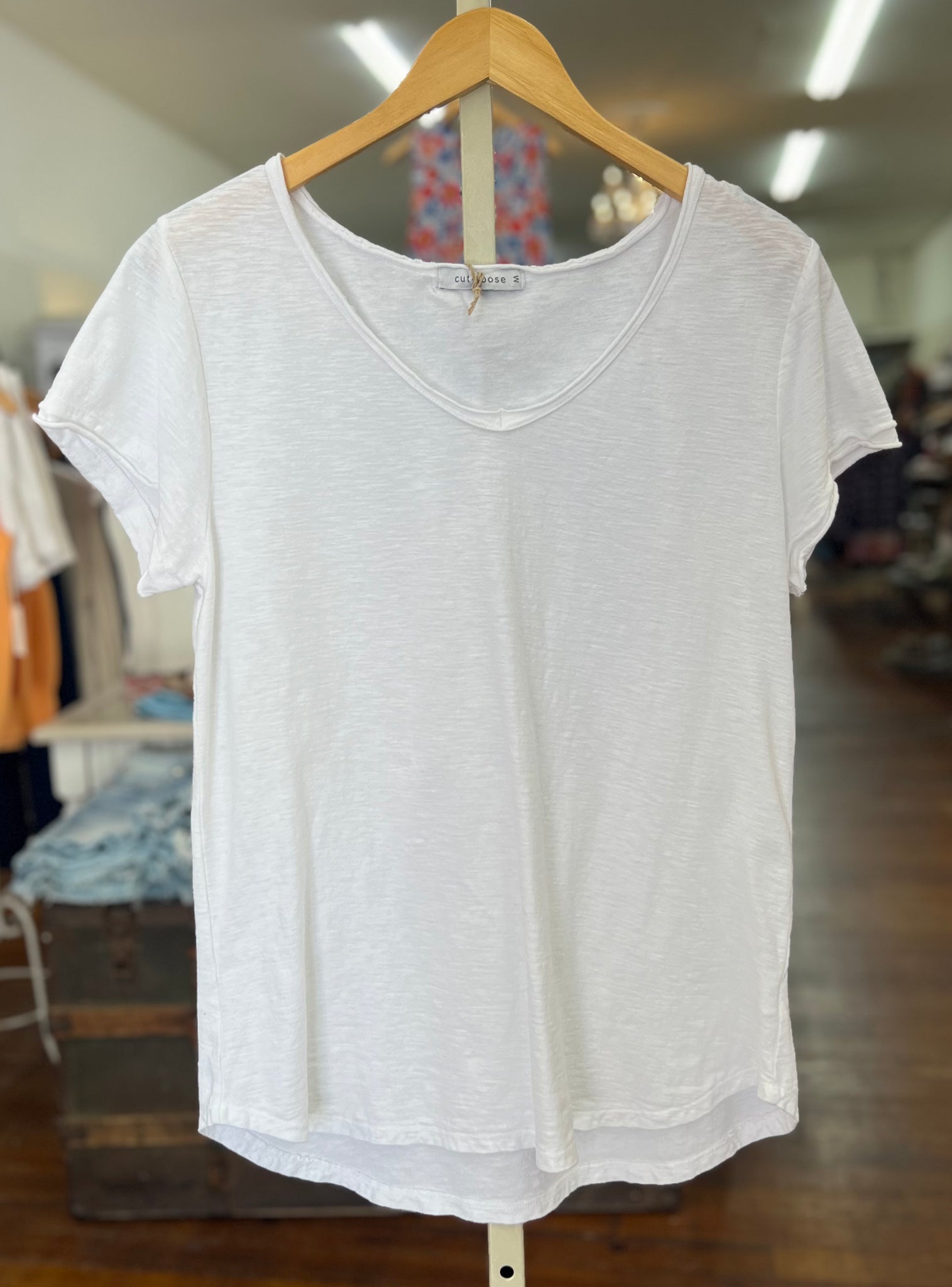 Cut Loose Raw Edge V Neck Top White