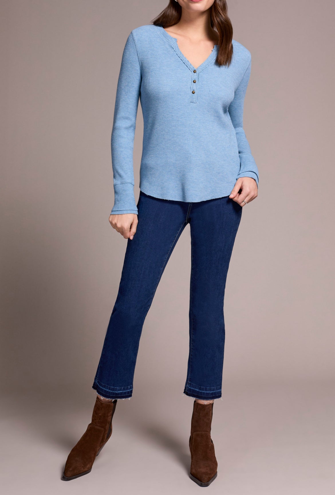 Tribal Henley Top W/Button, Heather Denim