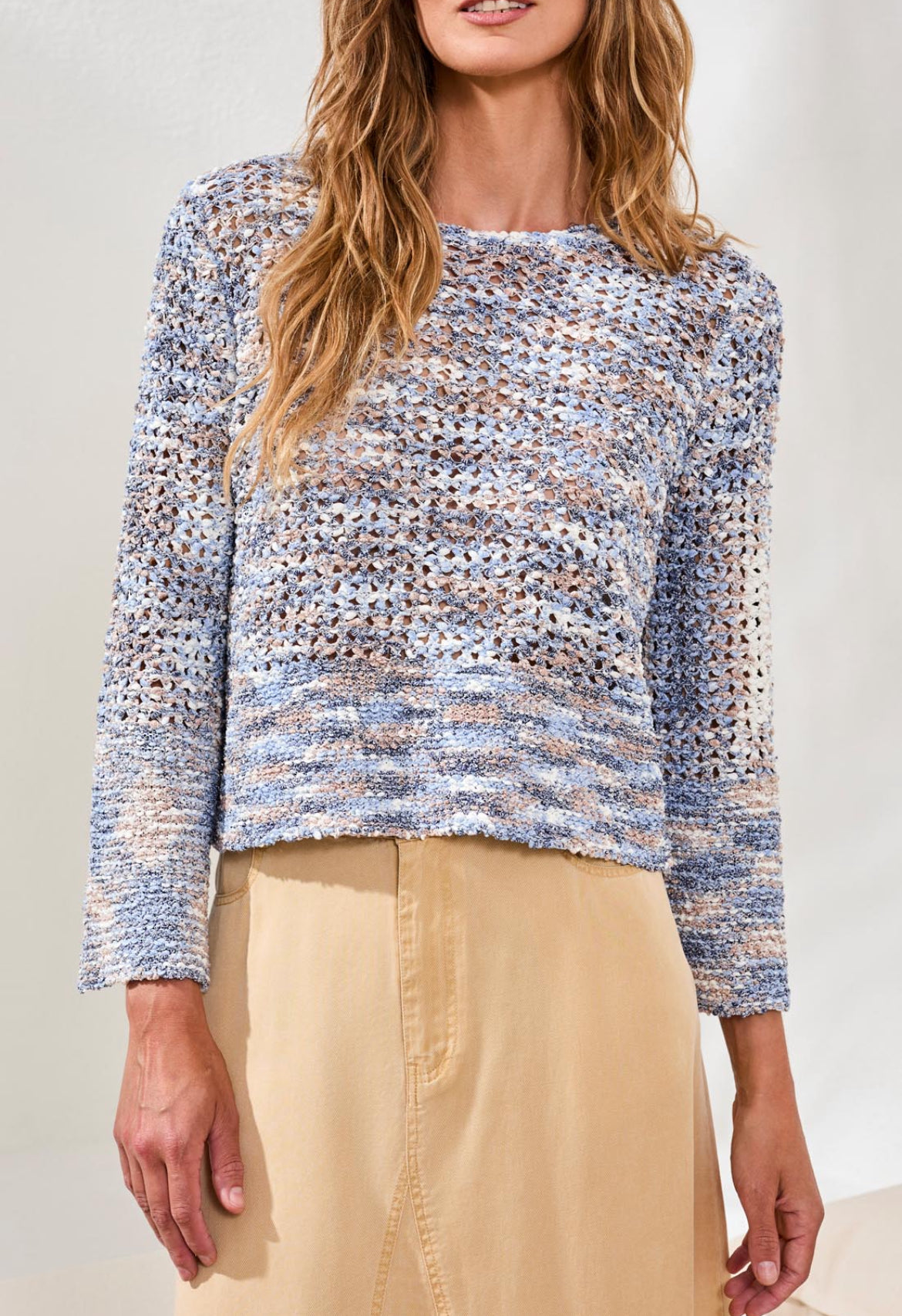 Tribal Bell Sleeve Open Stitch Crew Neck Sweater