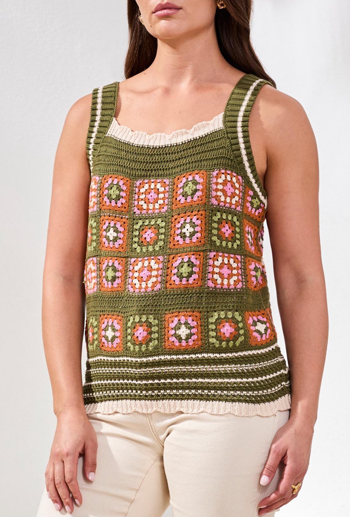 Tribal Wide Strap Crochet Detail Sweater Cami, Rainforest