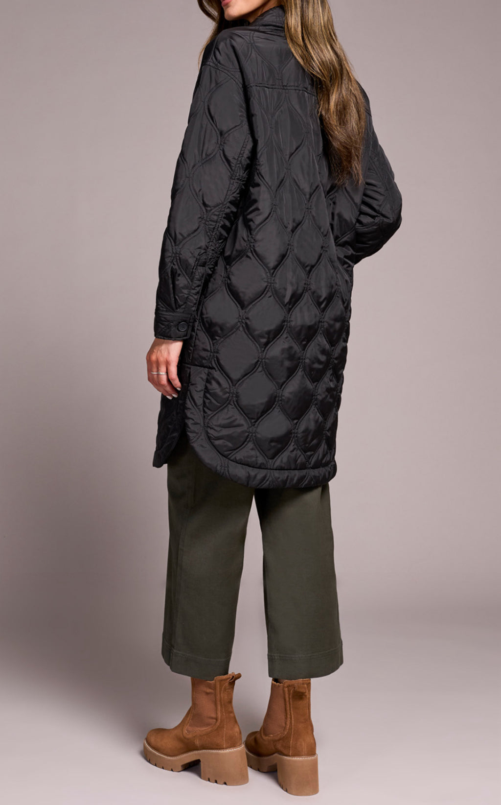 Tribal Long Quilted Button-Up Jacket With Pockets, Black