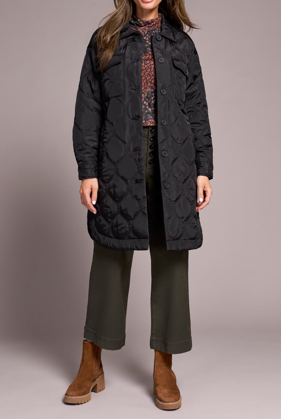 Tribal Long Quilted Button-Up Jacket With Pockets, Black