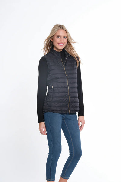 Multiples Zip Collar Zip Pocket Quilted Vest, Black