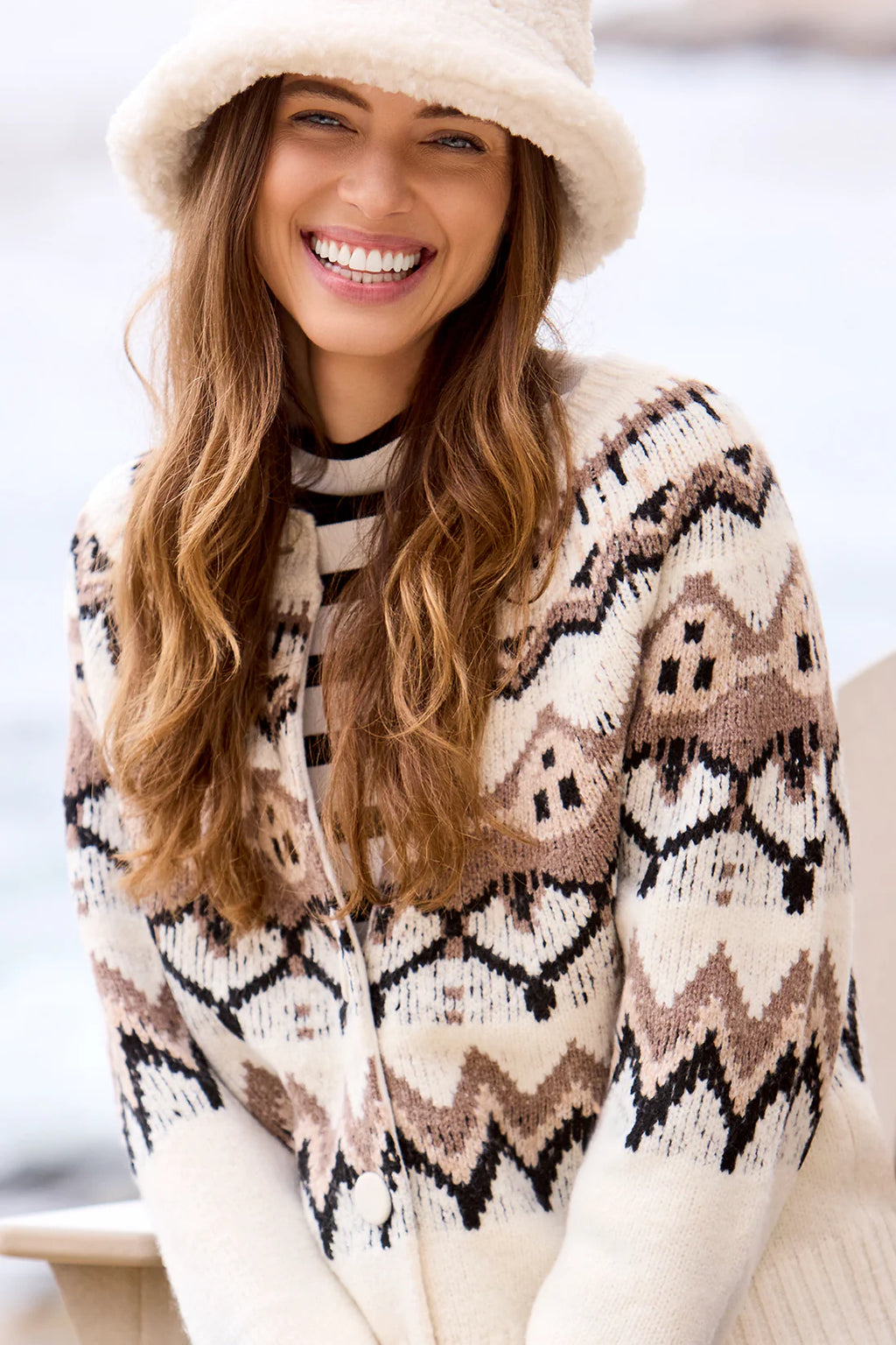 Tribal Fair Isle Button Front Sweater Cardigan Moonstone