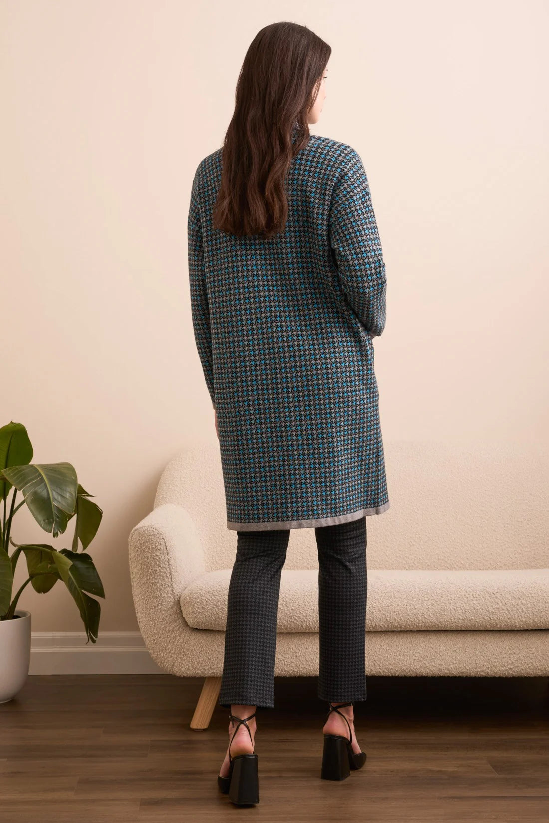 Tribal Double Knit Long Plaid Coatigan-Charcoal