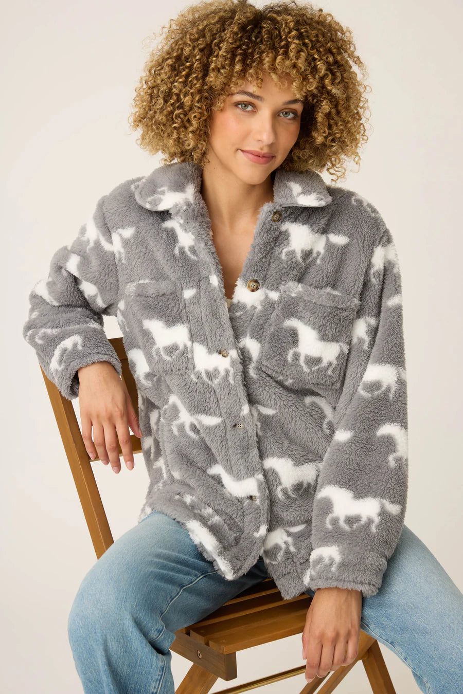 PJ Salvage Let's Get Cozy Horse Print Cozy Plush Jacket