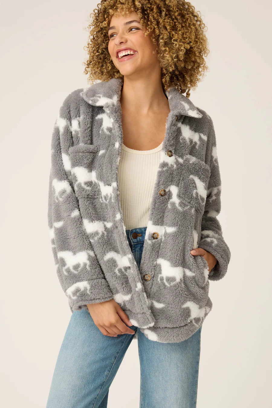 PJ Salvage Let's Get Cozy Horse Print Cozy Plush Jacket