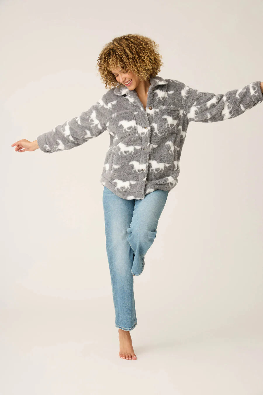 PJ Salvage Let's Get Cozy Horse Print Cozy Plush Jacket