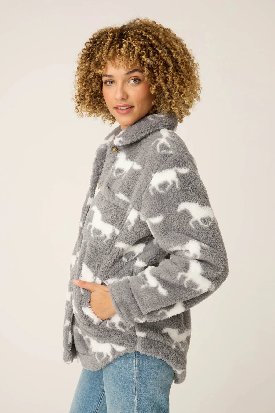 PJ Salvage Let's Get Cozy Horse Print Cozy Plush Jacket