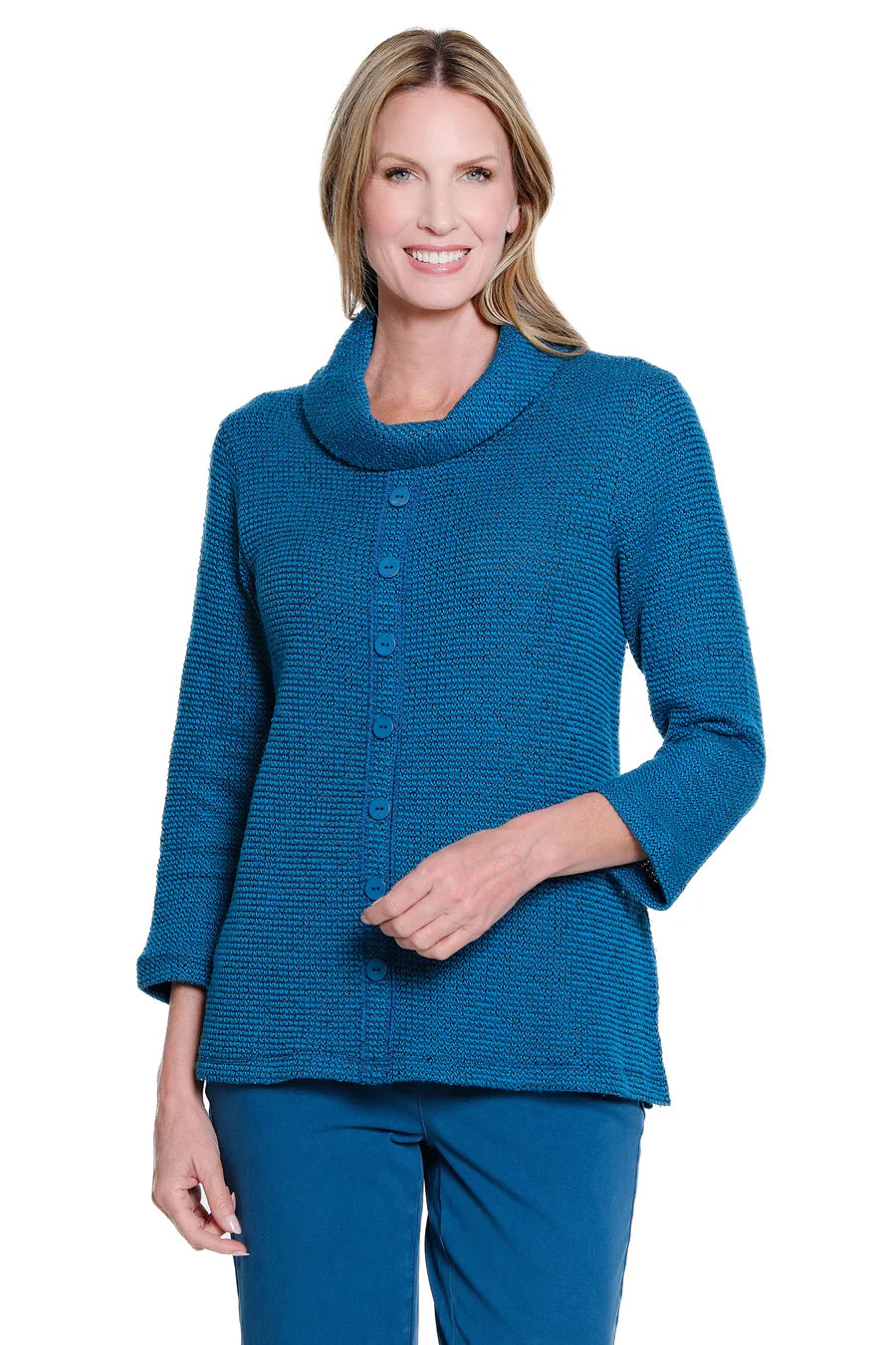 Multiples Cowl Collar Button Front Knit Top, Peacock
