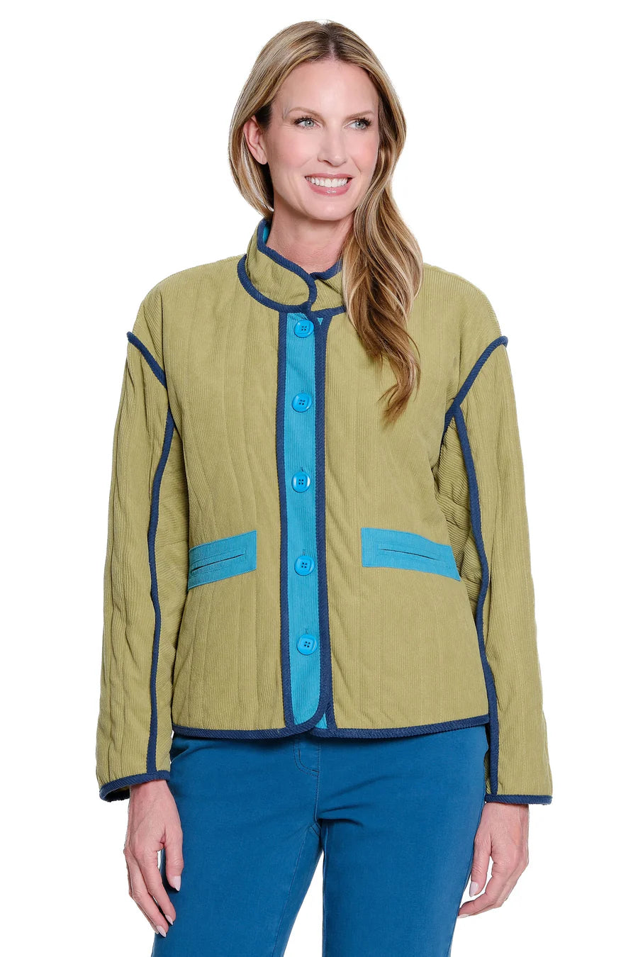 Multiples Long Sleeve Stand Collar Button Front Quilted Lined Jacket