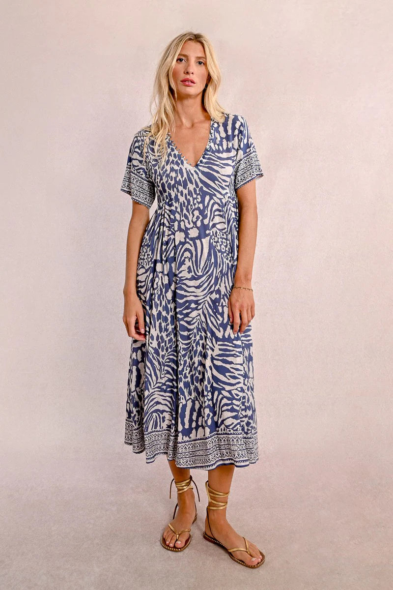 Molly Bracken Long Printed Dress, Denim Blue Maggy