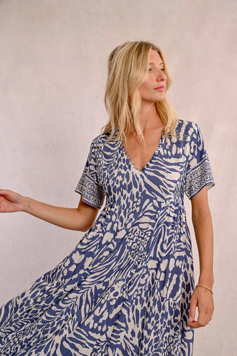 Molly Bracken Long Printed Dress, Denim Blue Maggy