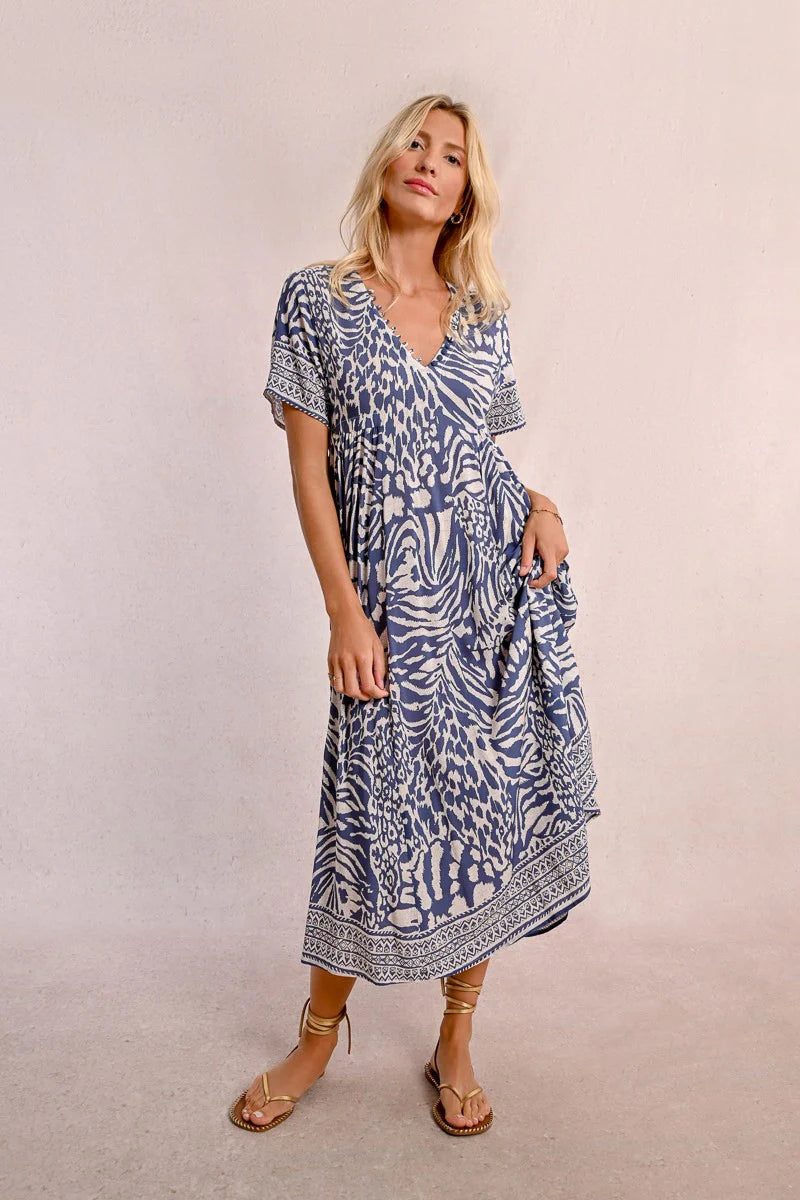 Molly Bracken Long Printed Dress, Denim Blue Maggy
