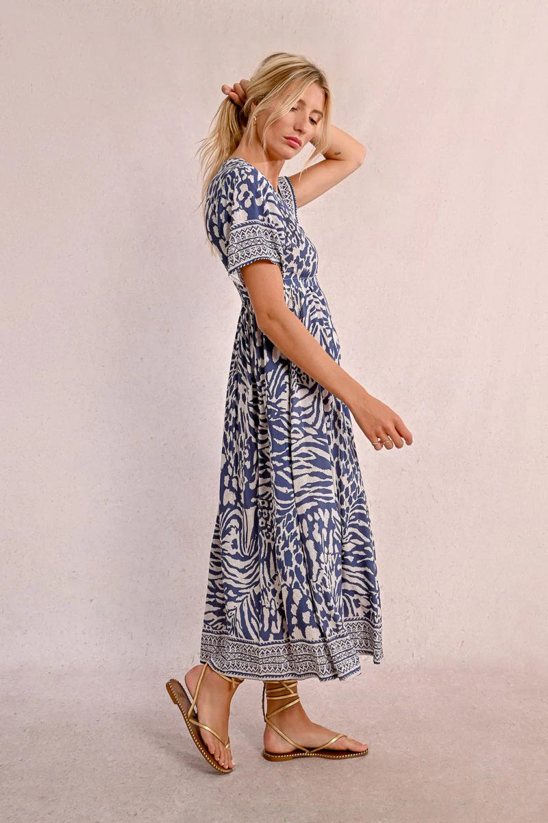 Molly Bracken Long Printed Dress, Denim Blue Maggy