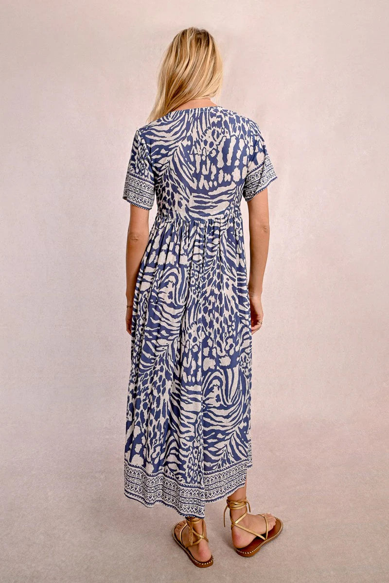 Molly Bracken Long Printed Dress, Denim Blue Maggy