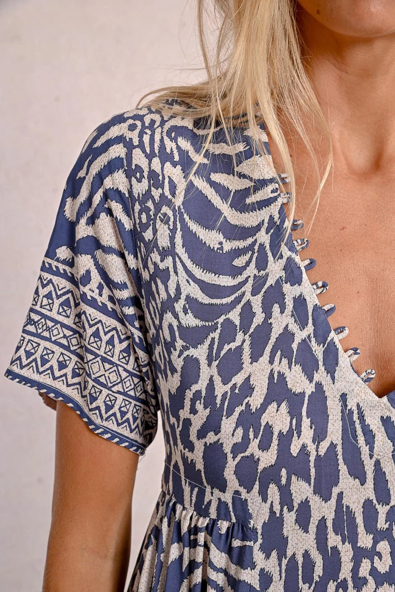 Molly Bracken Long Printed Dress, Denim Blue Maggy