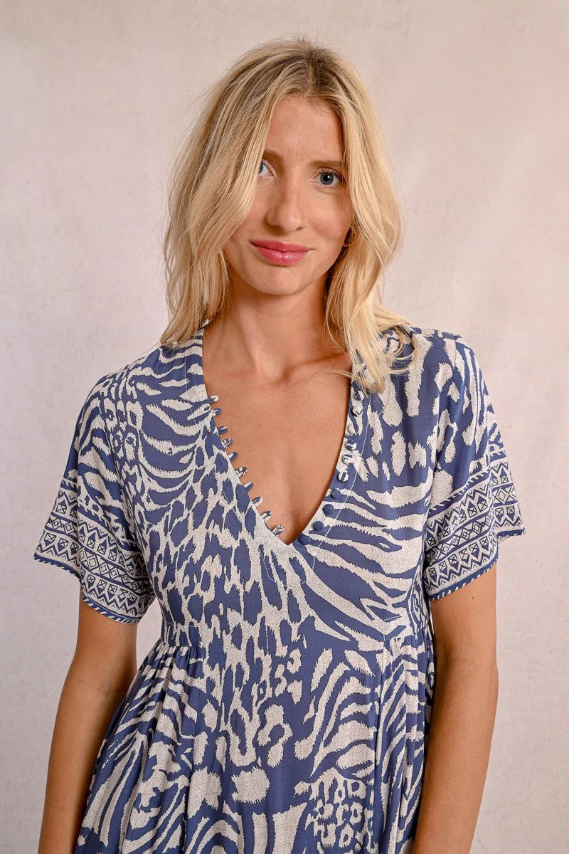 Molly Bracken Long Printed Dress, Denim Blue Maggy