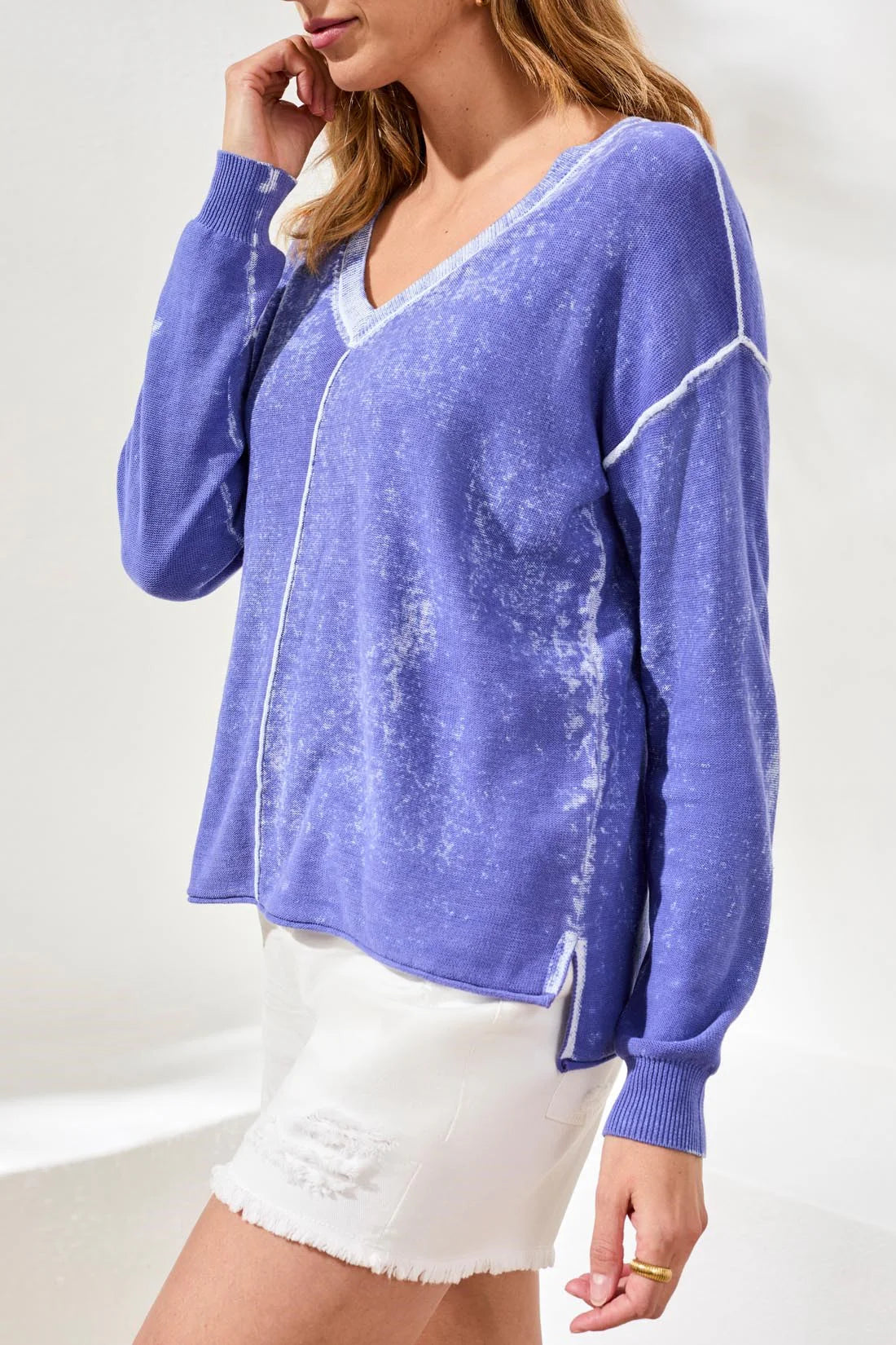 Tribal Cotton V Neck Sweater - Baja Blue