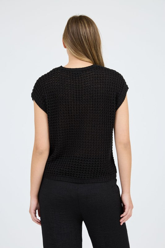 Blu Pepper Crochet Knit Batwing Short Sleeve Sweater Top, Black