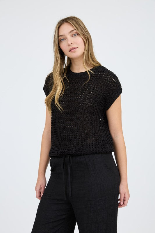 Blu Pepper Crochet Knit Batwing Short Sleeve Sweater Top, Black