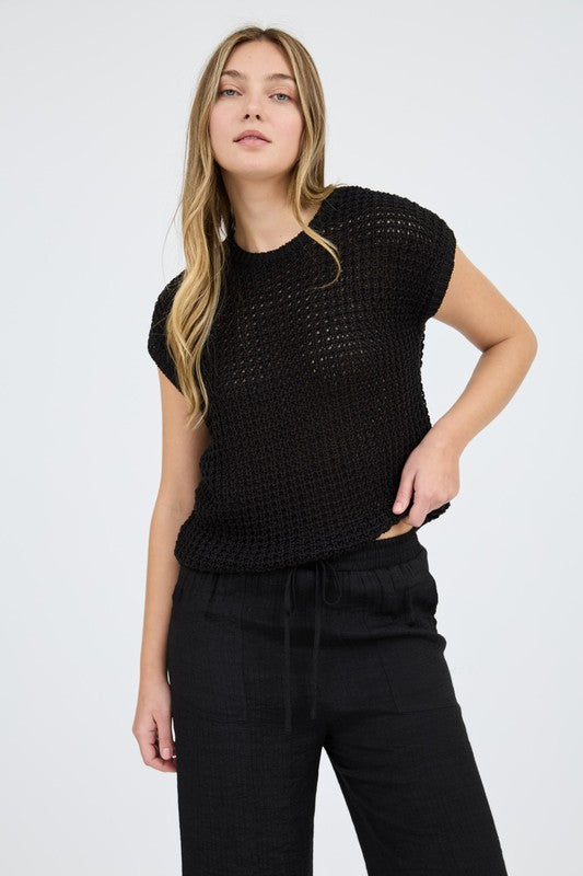 Blu Pepper Crochet Knit Batwing Short Sleeve Sweater Top, Black