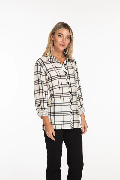 Multiples Roll Tab L/S Button Front Shirt Black Plaid’s