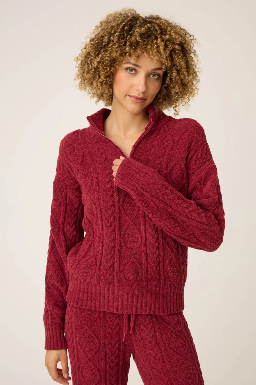 PJ Salvage Quarter Zip Chenille Cable Knit Top