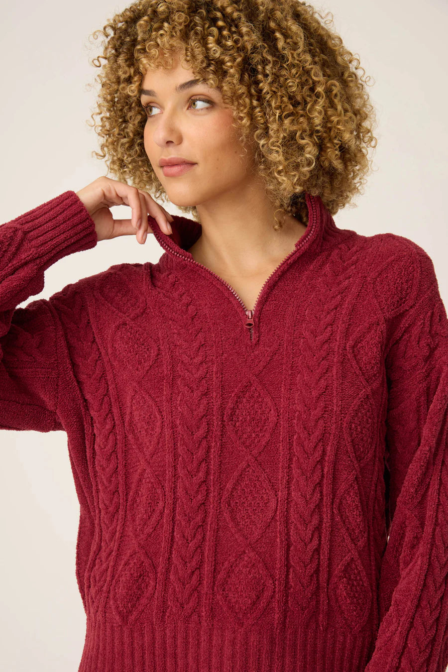 PJ Salvage Quarter Zip Chenille Cable Knit Top