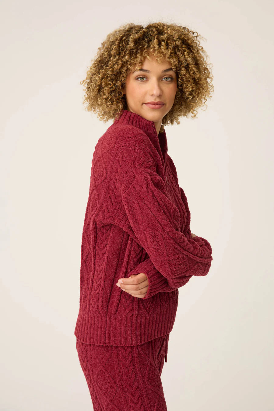 PJ Salvage Quarter Zip Chenille Cable Knit Top