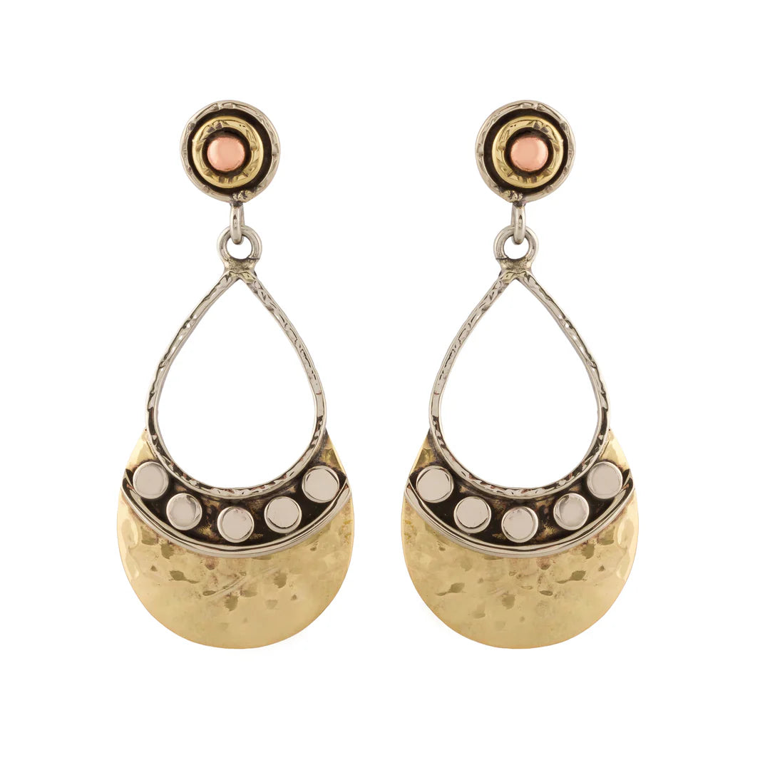 Ritual Sterling Silver Post With Hanging Brass Drop, Hammered Brass Edging.