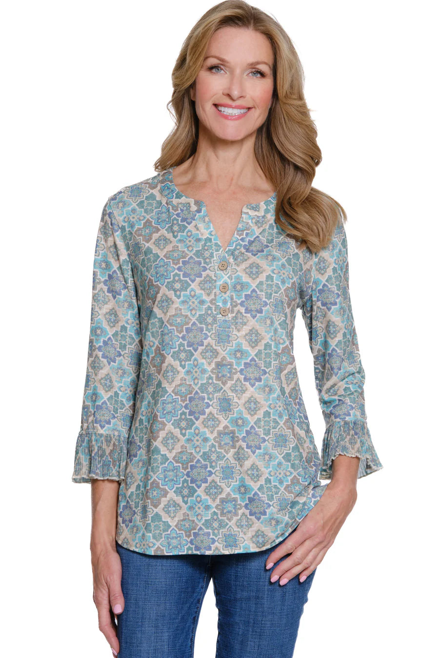 Multiples Pleated Flounce 3/4 Sleeve Y Neck Top