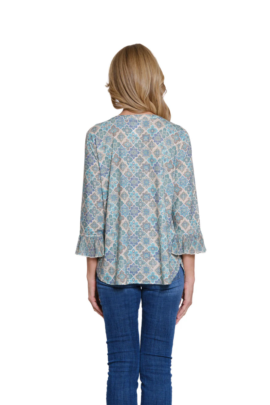 Multiples Pleated Flounce 3/4 Sleeve Y Neck Top