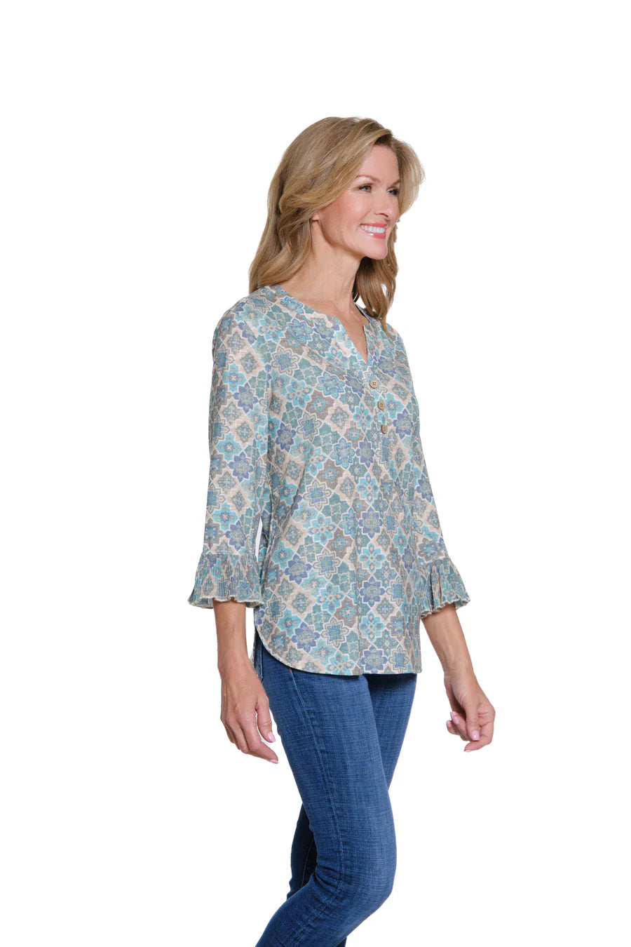 Multiples Pleated Flounce 3/4 Sleeve Y Neck Top