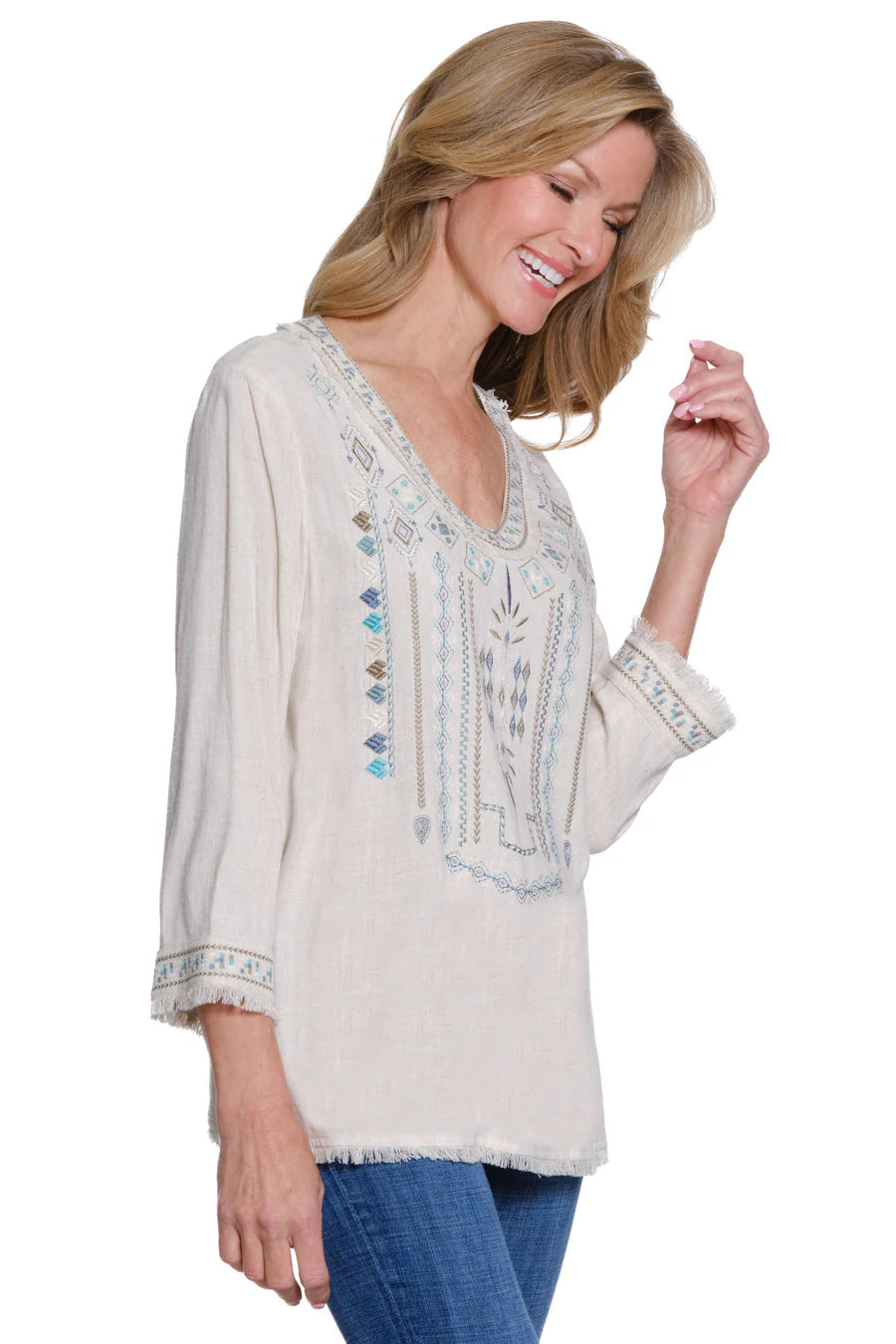 Multiples 3/4 Sleeve V Neck Top W/Embroidery