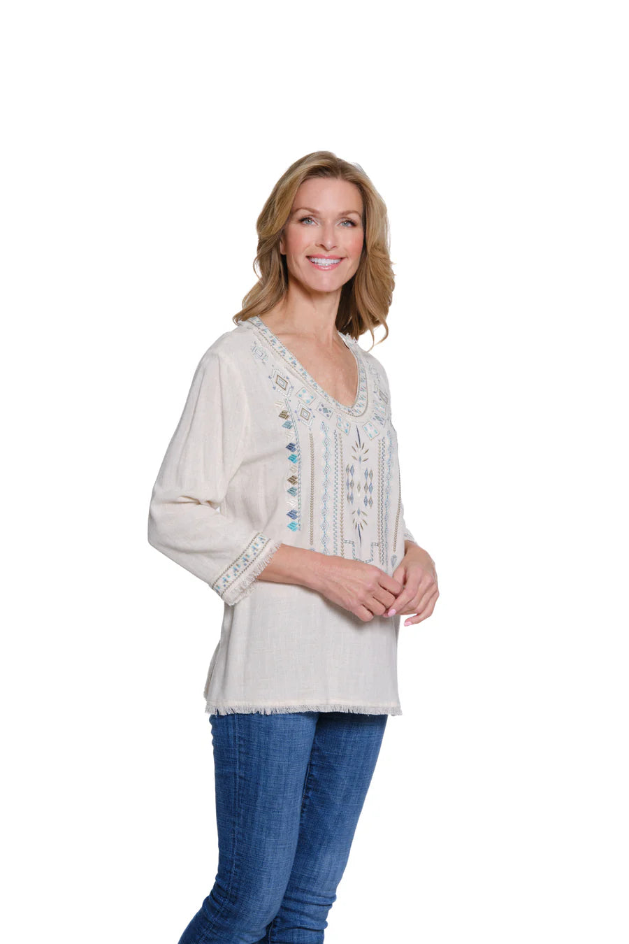 Multiples 3/4 Sleeve V Neck Top W/Embroidery