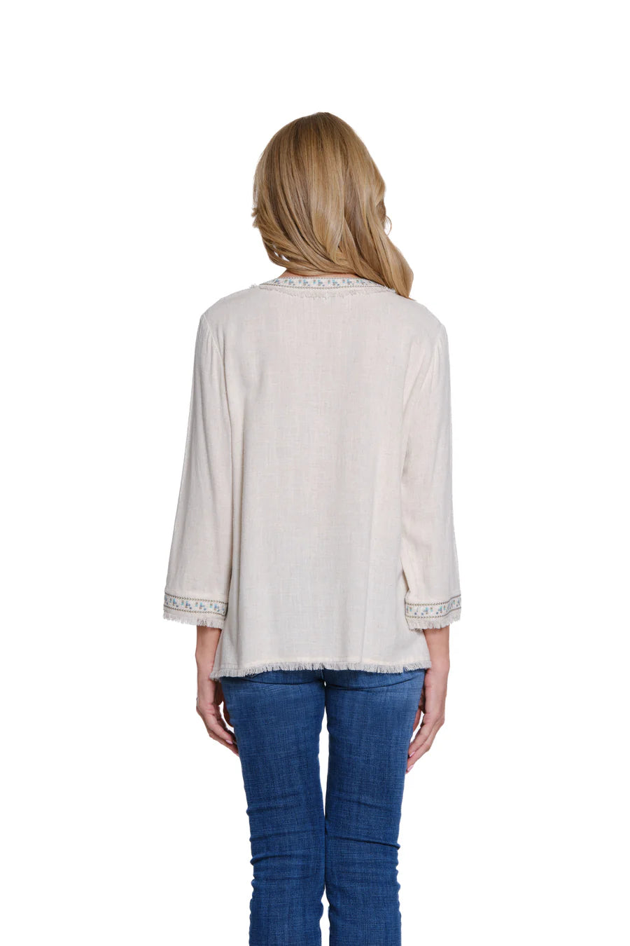 Multiples 3/4 Sleeve V Neck Top W/Embroidery