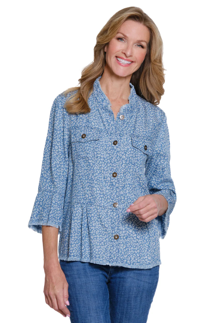 Multiples 3/4 Flounce Sleeve 2 Pocket Peplum Jacket Denim Print