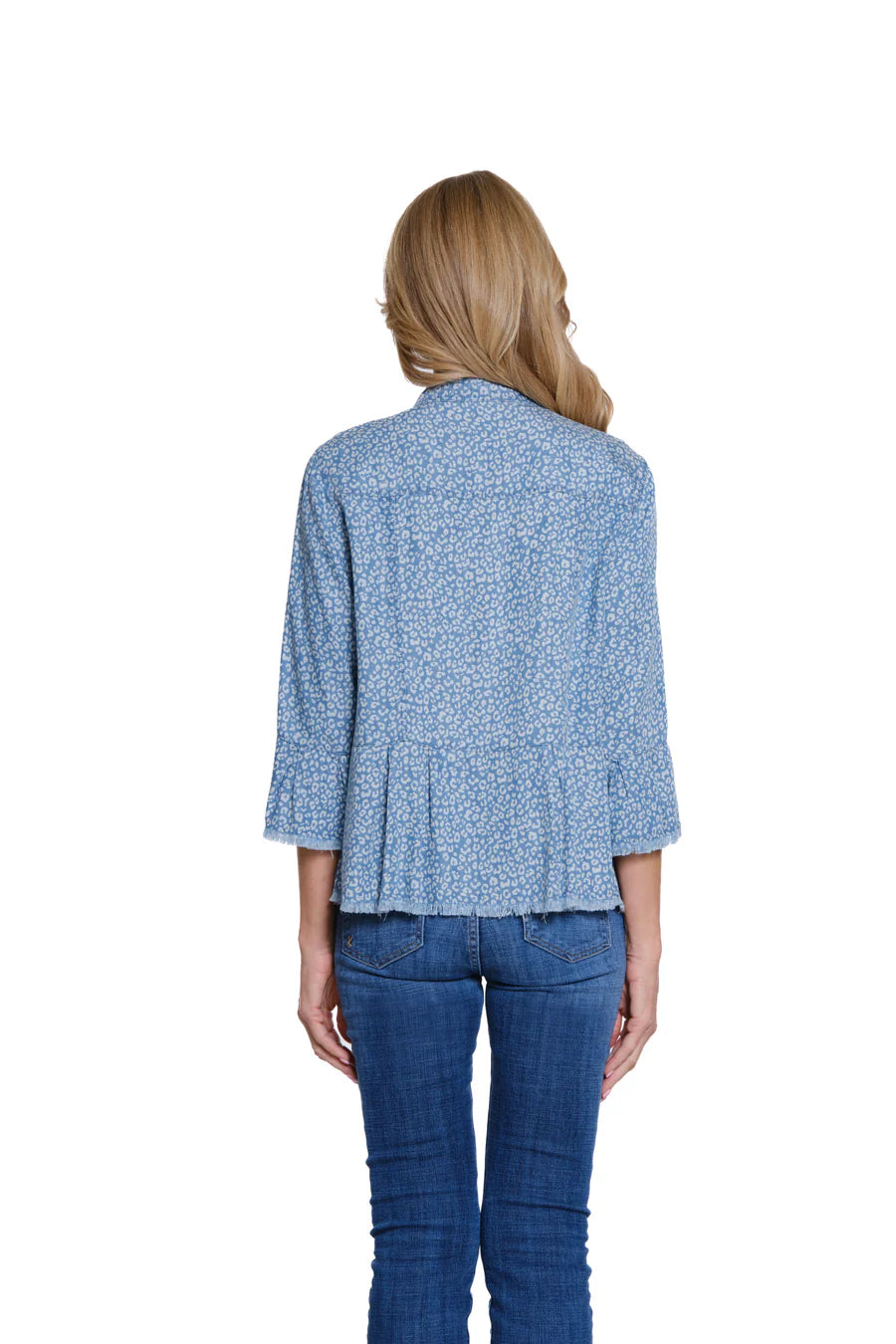 Multiples 3/4 Flounce Sleeve 2 Pocket Peplum Jacket Denim Print