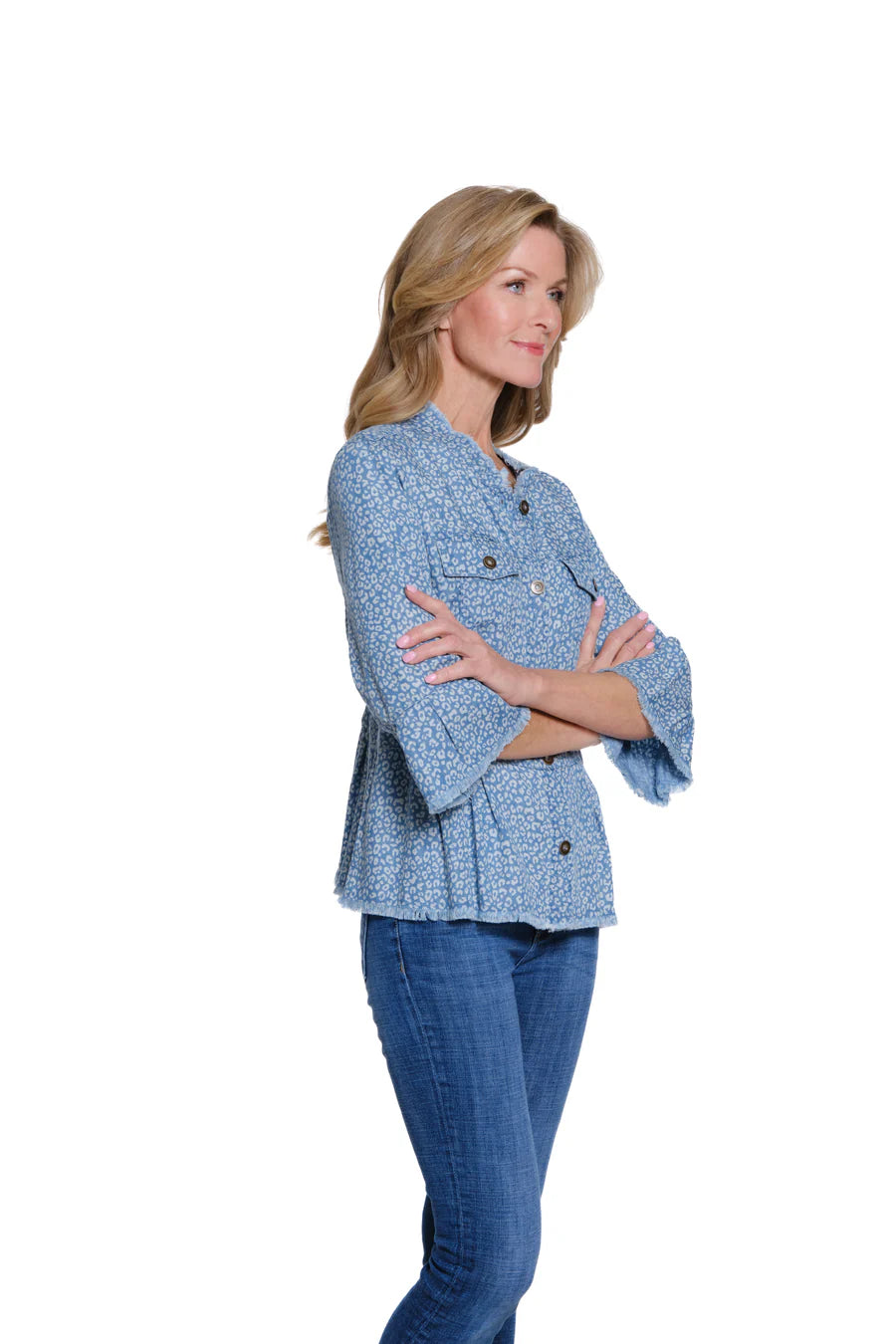 Multiples 3/4 Flounce Sleeve 2 Pocket Peplum Jacket Denim Print