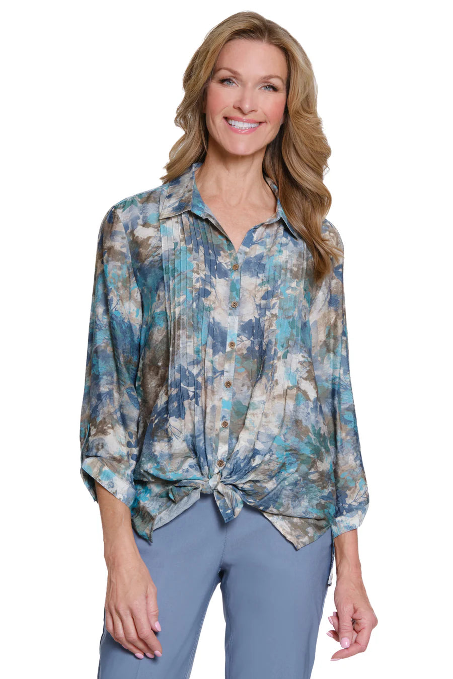 Multiples Cinched Tab Cuff 3/4 Sleeve Button Front Shirt