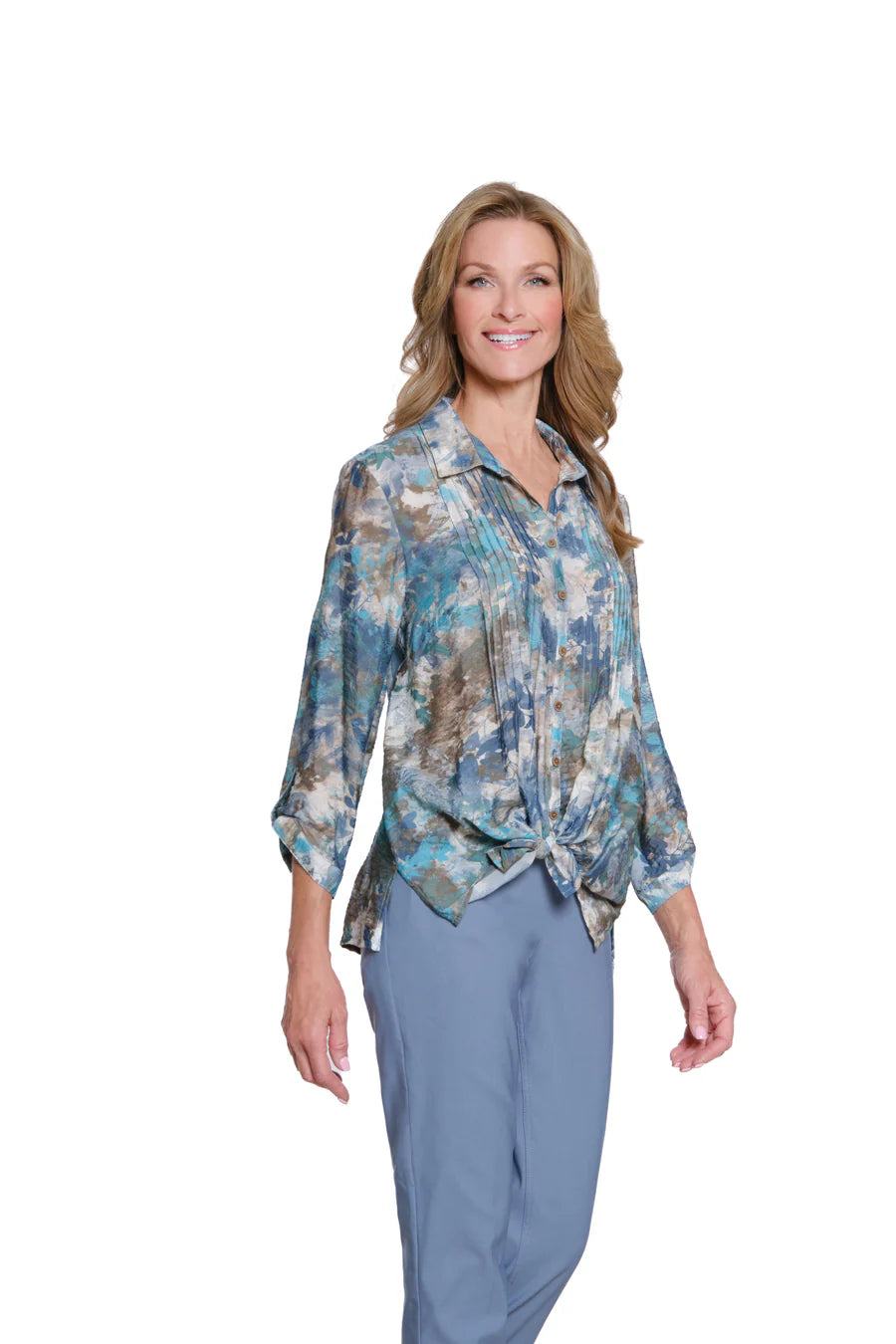 Multiples Cinched Tab Cuff 3/4 Sleeve Button Front Shirt