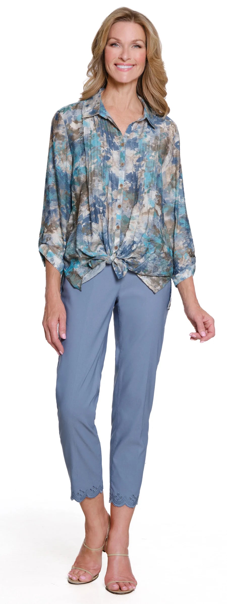 Multiples Cinched Tab Cuff 3/4 Sleeve Button Front Shirt