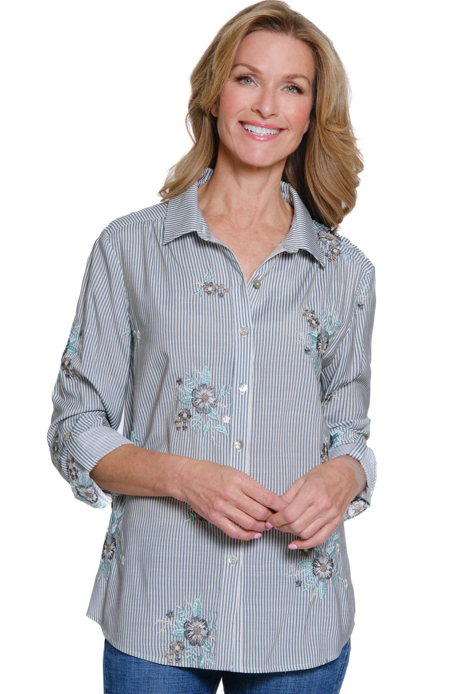 Multiples Roll Tab L/S Button Front W/Embroidery Stone