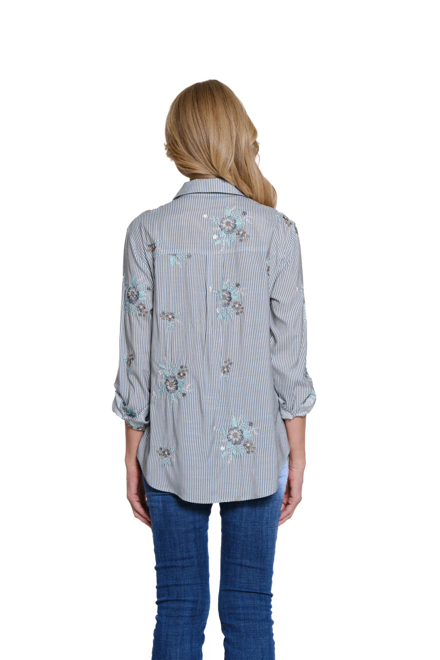 Multiples Roll Tab L/S Button Front W/Embroidery Stone